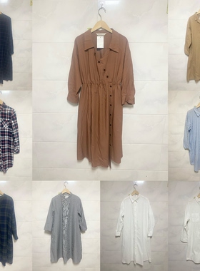 天天古着衬衫连衣裙vintage日本中长款女衬衣裙春秋格子裙L15f