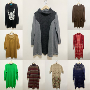 天天古着羊毛裙vintage日本长袖套头毛呢连衣裙长款宽松裙M05f