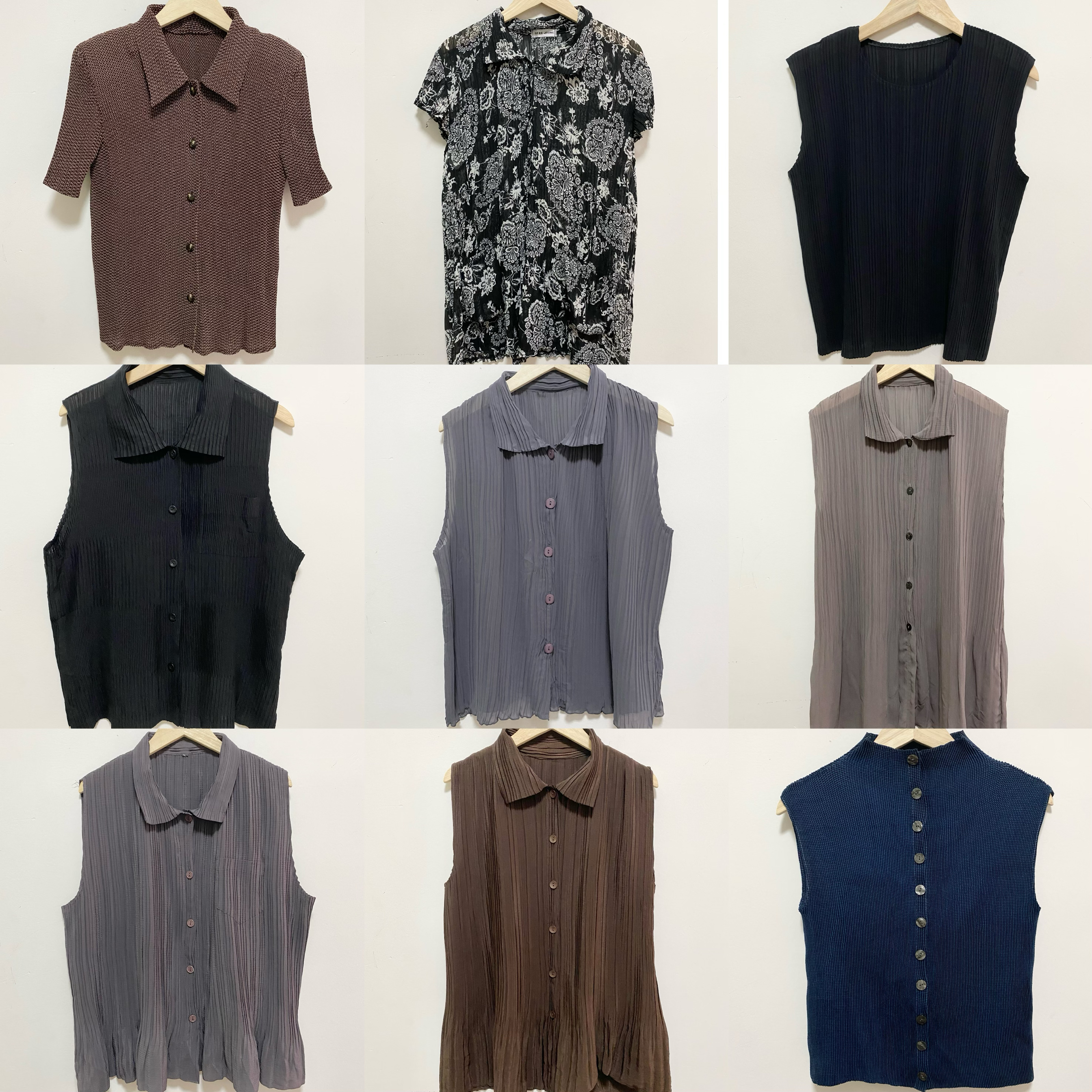 天天古着三宅风衬衫vintage日本聚酯褶皱背心短袖衬衣女上衣S001