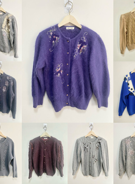 天天古着针织开衫vintage日本安哥拉兔毛衣纯色刺绣外套M07h