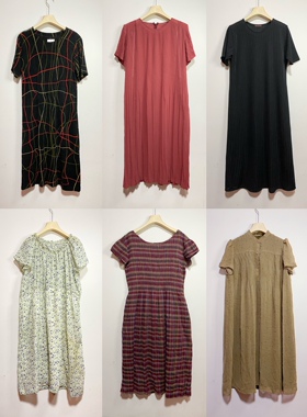 天天古着短袖连衣裙夏vintage日本褶皱印花雪纺纱套头裙L100z