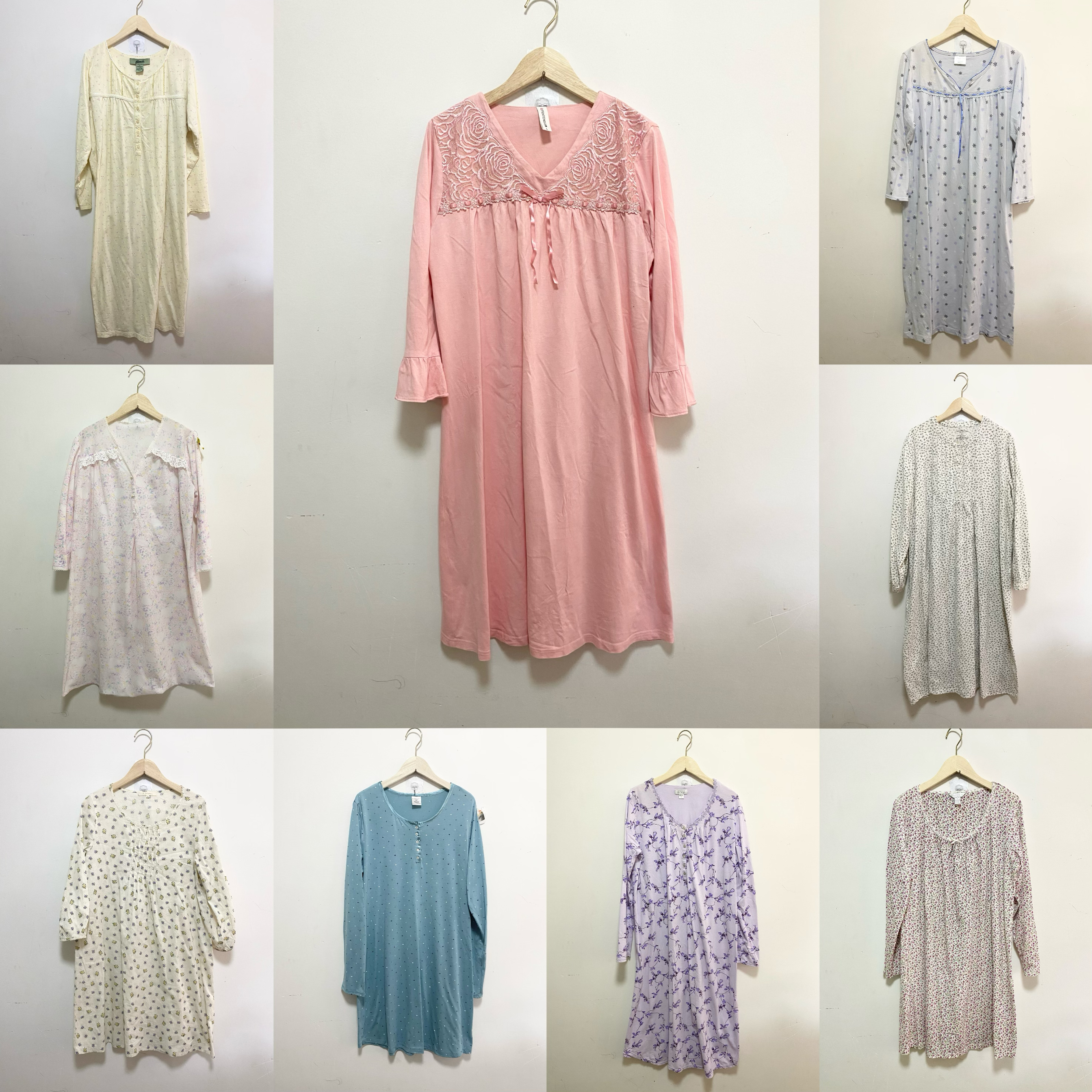 天天古着睡裙女vintage海外春秋中长袖宽松弹力睡衣连衣裙L185z