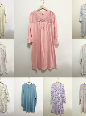 天天古着睡裙女vintage海外春秋中长袖宽松弹力睡衣连衣裙L185z