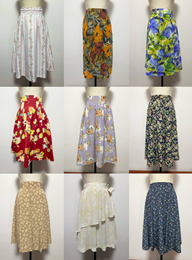 天天古着复古油画半身裙夏vintage日本大花伞裙雪纺长款喇叭裙B04