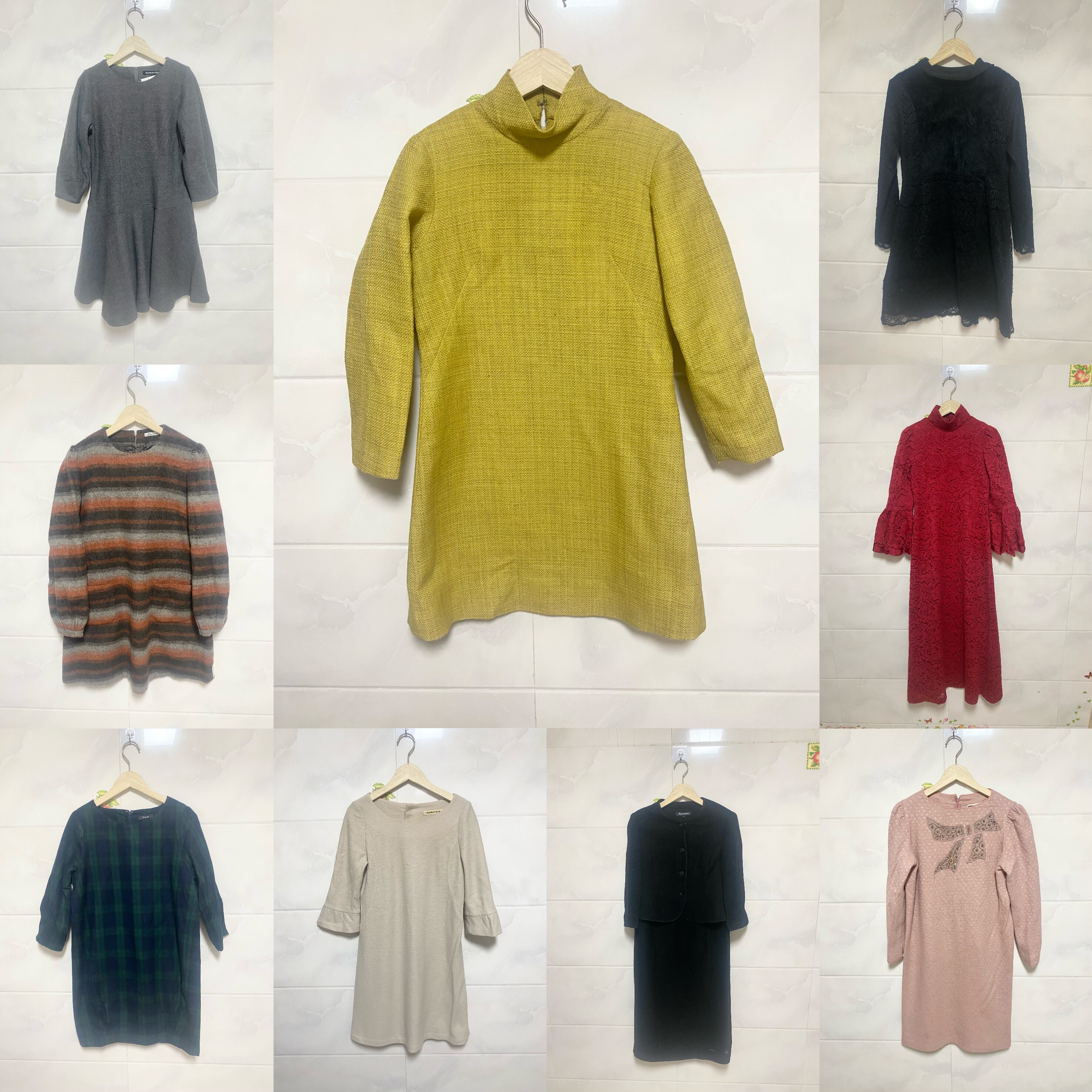 天天古着秋冬连衣裙vintage日本长袖复古女中裙毛内搭裙L5l