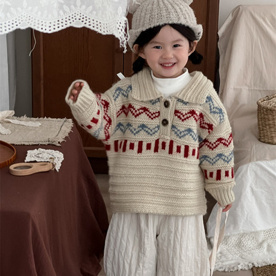 2025冬季新品儿童粗针翻领毛衣男女童套头撞色编织韩长袖毛衣外套