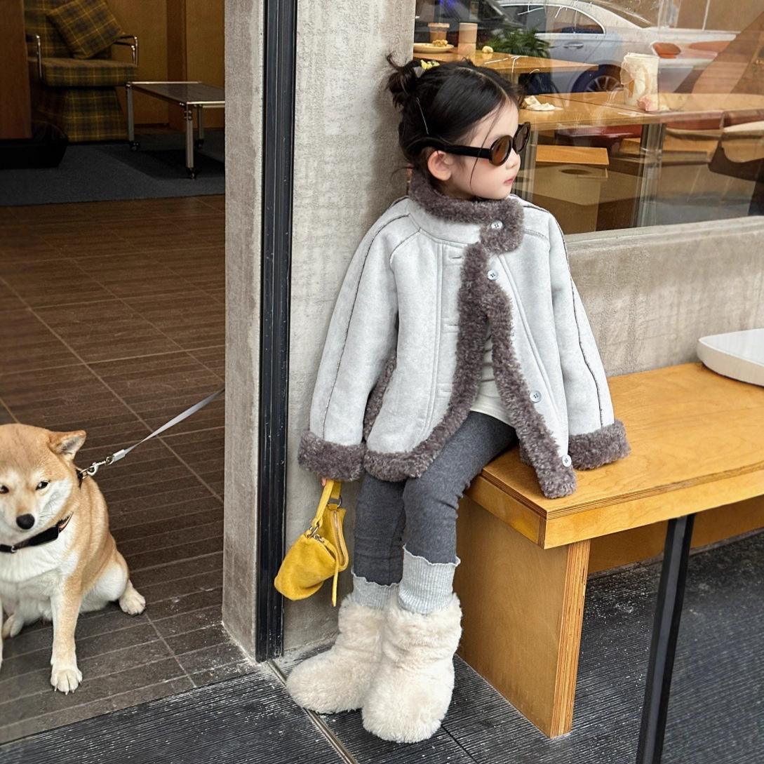 2025冬装新款童装女童麂皮绒皮毛一体外套夹克儿童洋气灰色拉链衫