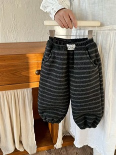 莱抱抱2025韩系新款男女童深灰色条纹裤加绒加厚束脚裤条纹灯笼裤