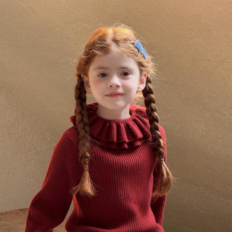 韩系童装2025冬季新款女童毛衣双层木耳边翻领针织套头百搭上衣潮