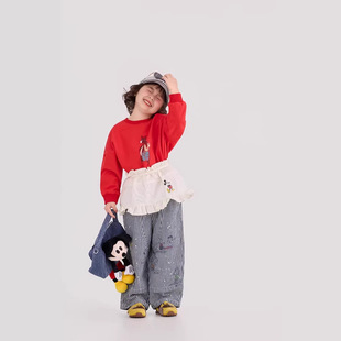 韩系春装2026年新款女童纯色百搭毛圈上衣打底衫显白卡通卫衣洋气