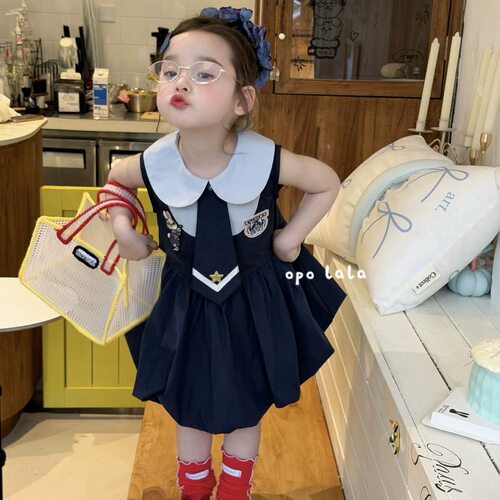 Opolala 26夏季女童娃娃领兔子警官无袖棉布连衣裙背心裙花苞群