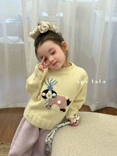 Opolala毛球小狗毛衣米白色毛衣外套春秋毛衣外套套头毛衣