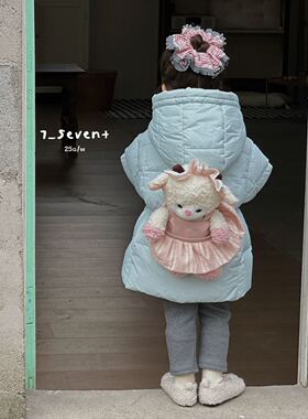 7seven小熊背包款羽绒服女童蓝色中长款羽绒服90白鸭绒羽绒服外套