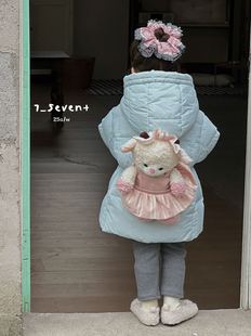 7seven小熊背包款羽绒服女童蓝色中长款羽绒服90白鸭绒羽绒服外套