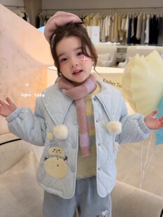 Opolala蓝色雪人毛球棉服外套冰淇淋彩球毛衣外套加绒直筒牛仔裤