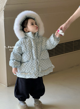 7seven蓝色波点羽绒服女童大毛领羽绒服外套90白鸭绒羽绒服