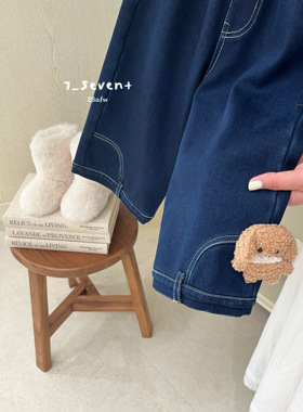 7seven 深蓝色牛仔裤女童秋冬一体绒牛仔裤可爱小狗玩偶牛仔裤