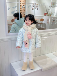 7seven围巾款羽绒服女童蓝色中长款羽绒服90白鸭绒羽绒服外套