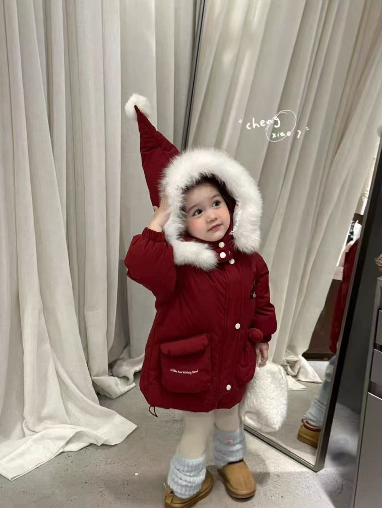 橙小七红色精灵帽羽绒服白鸭绒羽绒服中长款羽绒服新年红色羽绒服