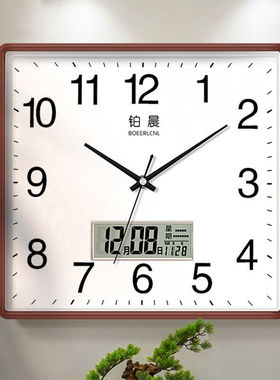 客厅静音挂钟时尚家用时钟方形日历石英钟创意钟表正方形挂墙表