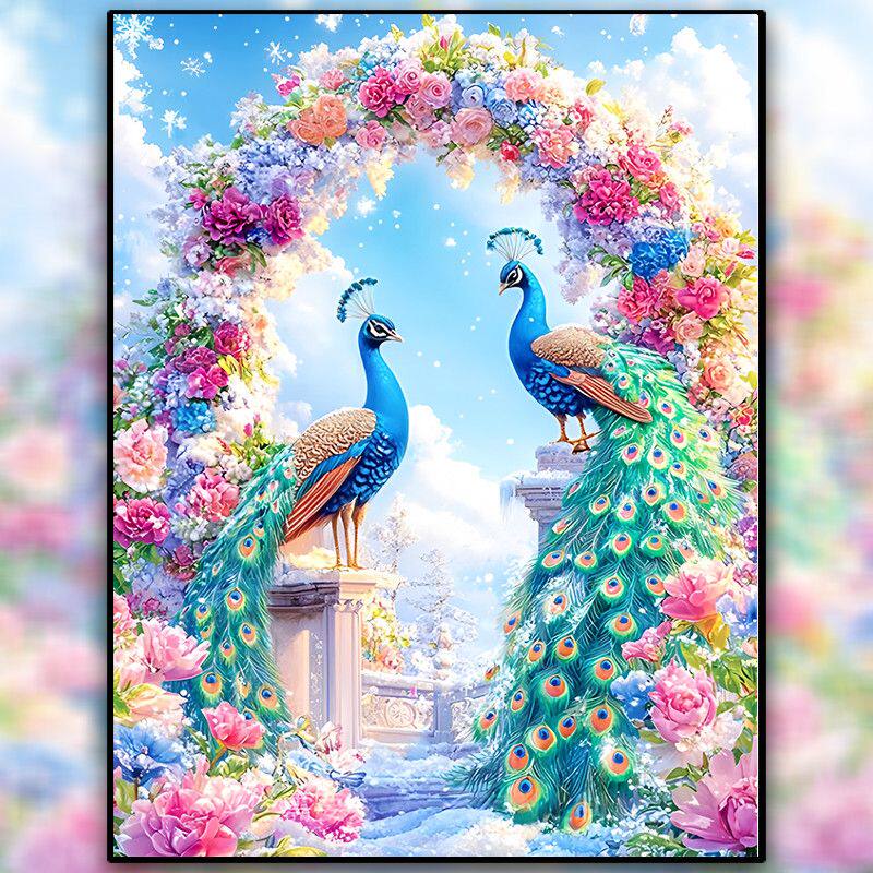 带框钻石画满钻AB钻方钻贴钻绣中式客厅玄关竖版新款动物孔雀花开