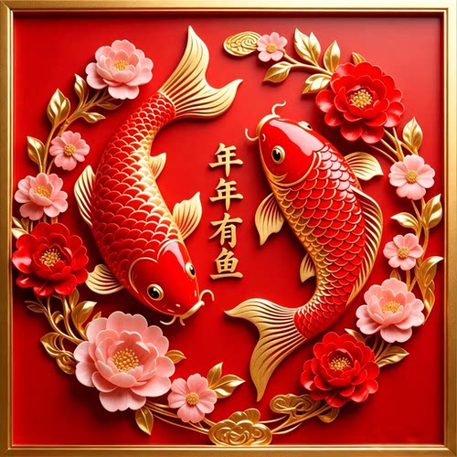 带框钻石画满钻AB钻手工贴钻绣方钻客厅玄关方形鲤鱼双鱼年年有余
