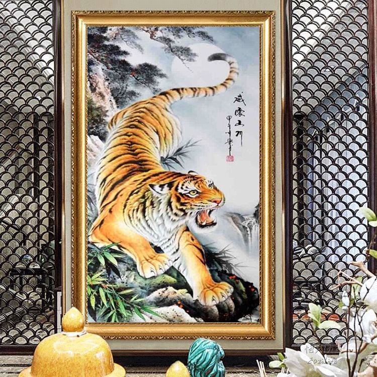 老虎钻石画满钻方钻5d砖石十字绣客厅竖版玄关走廊镇宅虎猛虎下山