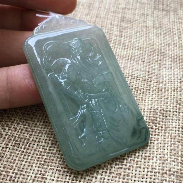 良玉正品 老坑冰种飘花缅甸玉牌天然翡翠关公A货64牌忠义关云长