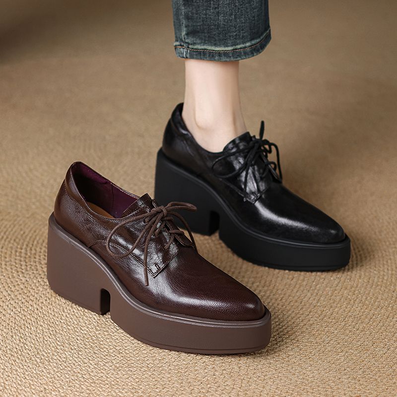 法式软皮厚底增高单鞋女尖头粗跟系带深口小皮鞋百搭工作鞋乐福鞋