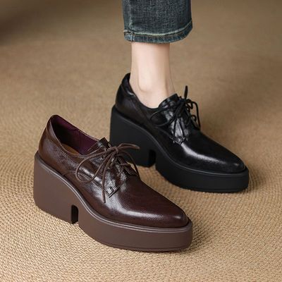 法式软皮厚底增高单鞋女尖头粗跟系带深口小皮鞋百搭工作鞋乐福鞋