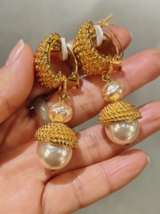 法国中古vintage品牌打标珍珠镀金珍珠耳坠耳夹