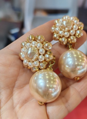 法国中古全新未使用老库存打标珍珠耳夹