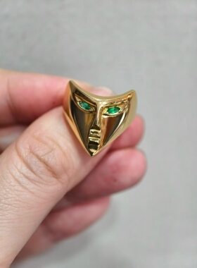 14k金天然祖母绿面具戒指
