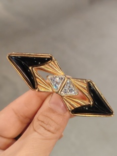 中古Vintage品牌打标黑金珐琅水晶优雅胸针