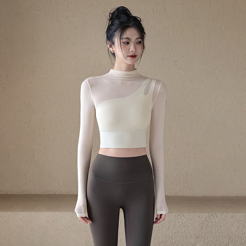 瑜珈服女秋冬网纱假两件运动上衣带胸垫长袖高颜值跑步训练健身服