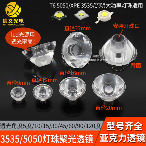 3535聚光透镜10度30 45 60度直径20mm3030 5050仿流明 9 12 15mm