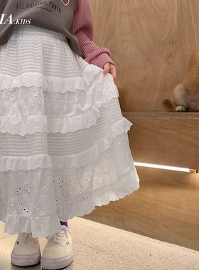 亲子女童半身裙春装2025新款洋气花边裙蛋糕裙韩版宝宝白色长裙子