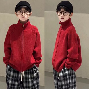 亲子儿童红色针织外套2026新款男女童红色韩版拉链开衫洋气潮毛衣