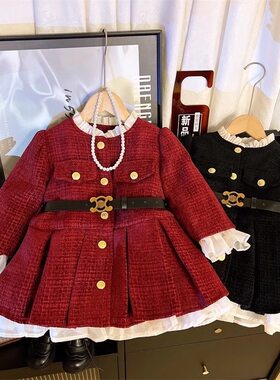 女童红色连衣裙冬季呢子小香风加绒拜年服2026新款韩版公主蓬蓬裙