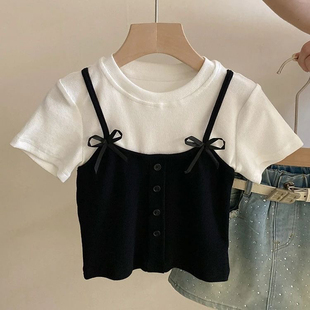 打底潮上衣 儿童洋气时髦韩版 亲子女童假两件吊带短袖 T恤2026新款