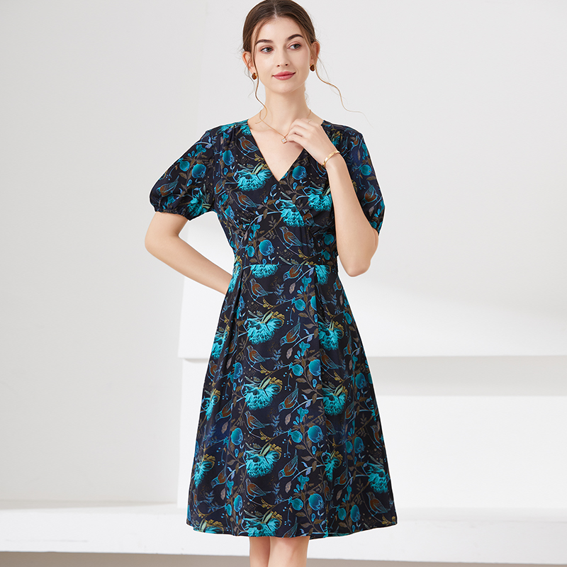 夏季新款V领收腰真丝印花连衣裙