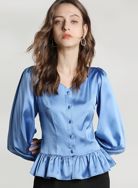 2026夏季新款复古灯笼袖真丝衬衫女钻石领法式宫廷桑蚕丝上衣蓝色