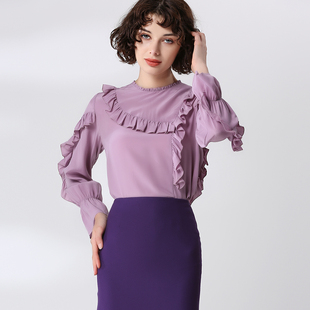 2026春季新款真丝双绉衬衫女长袖桑蚕丝圆领木耳荷叶边喇叭袖紫