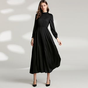 2026春季长裙重磅真丝立领长袖连衣裙桑蚕丝松紧腰大摆后飘带女裙