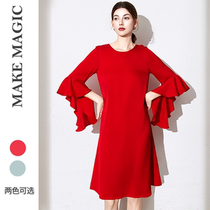 拓美2026春季新款新娘红真丝优雅荷叶边袖桑蚕丝A字宽松连衣裙女