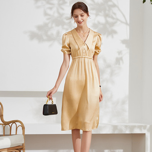 断码清仓款重磅真丝v领仙女缎面连衣裙桑蚕丝大牌年轻款长裙