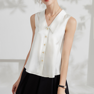 拓美2025夏新款重磅真丝复古小众无袖衬衫桑蚕丝缎面V领女装上衣