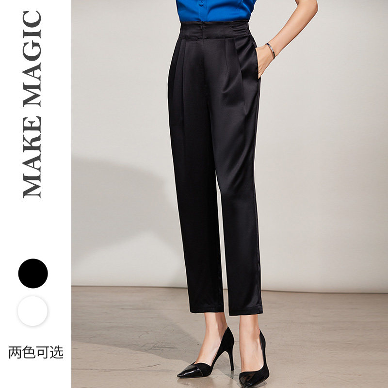 拓美2026夏季新款30姆米重磅真丝对褶后腰松紧小脚桑蚕丝烟筒女裤