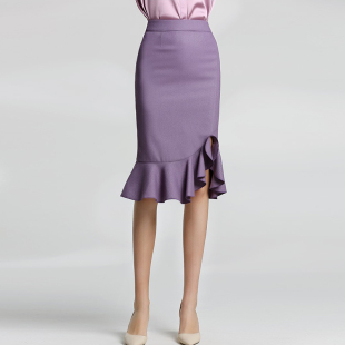 拓美2026春季新款高端毛料法兰绒女半身裙鱼尾荷叶边紫色高腰欧美