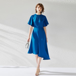 2025夏新款女装高级重磅真丝褶皱高端长裙桑蚕丝荷叶袖大摆连衣裙